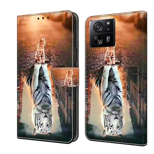 Hülle Kompatibel with Xiaomi 13T Pro, Flip Wallet PU Lederhülle Ständer Case Handyhüllen Klapphüllen Card Slots Klappbar Stoßfest Case Katze und weißer Tiger von CYANDYSL