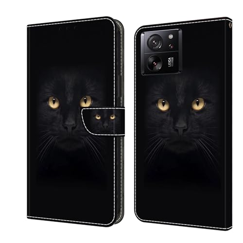 Hülle Kompatibel with Xiaomi 13T Pro, Flip Wallet PU Lederhülle Ständer Case Handyhüllen Klapphüllen Card Slots Klappbar Stoßfest Case Schwarze Katze von CYANDYSL
