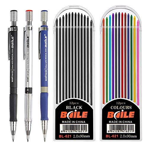 CYH Druckbleistift-Set, 2 mm, 3 mechanische Bleistifte, Blau, Schwarz und Silber, 24 Minen in Farbe und Schwarz, für Zeichnungsprojekte, Schreiben, Herstellung, künstlerisches Zeichnen CYH Druckbleistift-Set, 2 mm, 3 mechanische Bleistifte, Blau, Schwarz und Silber, 24 Minen in Farbe und Schwarz, für Zeichnungsprojekte, Schreiben, Herstellung, künstlerisches Zeichnen von CYH