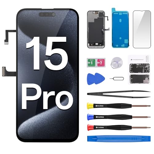 CYKJGS Ersatzbildschirm für iPhone 15 Pro mit Ohrlautsprecher, Flexkabel, 15,5 cm (6,1 Zoll), 3D-Touch-LCD-Display, Digitizer, komplette Montage, Frontglas-Reparatur, Umgebungslichtsensor von CYKJGS