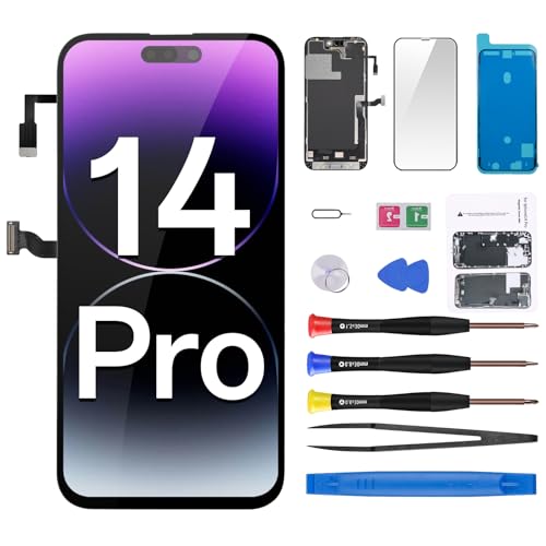 CYKJGS Ersatzdisplay für iPhone 14 Pro mit Näherungssensor, Ohrlautsprecher, Flexkabel, 15,5 cm (6,1 Zoll), 3D-Touch-LCD-Display, Digitizer, komplette Montage, Frontglas-Reparatur-Werkzeug-Set, A2650 von CYKJGS