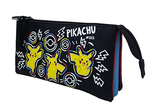Pokémon Dreifach-Federmäppchen, 5 Fächer, Schulmaterial, Federmäppchen, Pikachu, bunt, Schwarz, offizielles Produkt (CyP Brands) von CYPBRANDS