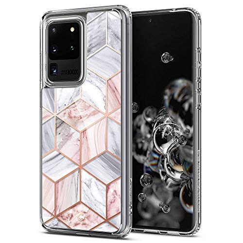 CYRILL von Spigen Cecile Crystal kompatibel mit Samsung Galaxy S20 Ultra Hülle, (2020) (6,9 Zoll) 9H Hartglas mit weichem TPU - Rosa Marmor von CYRILL