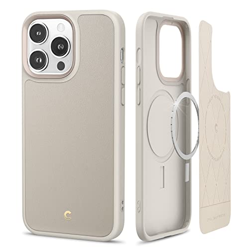 CYRILL von Spigen Kajuk Mag [Kompatibel mit iPhone 14 Pro] Magnetisches kabelloses Laden Premium Lederhülle Schutzhülle - Cream von CYRILL