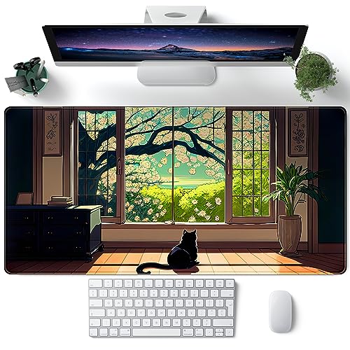 Grüne Schreibtischunterlage Kawaii schwarze Katze großes Mauspad XXL Anime niedliche Schreibtischunterlage großes ästhetisches Mauspad erweitertes Tastaturpad Laptop Computer Mauspad von CYZFF