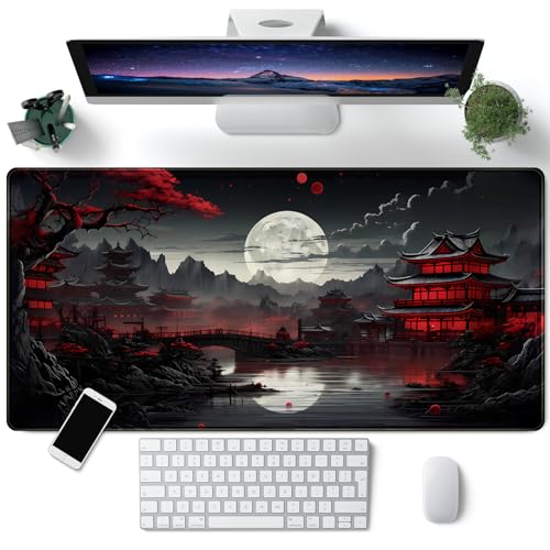 Japanische Schreibtischunterlage, Riverside Vollmond-Schreibtischunterlage, Schwarz/Rot, großes Mauspad, Gaming-Mauspad, erweitertes XXL-Tastatur-Pad, 80 x 39,9 cm, Laptop, Computer, Maus, Tastatur, von CYZFF