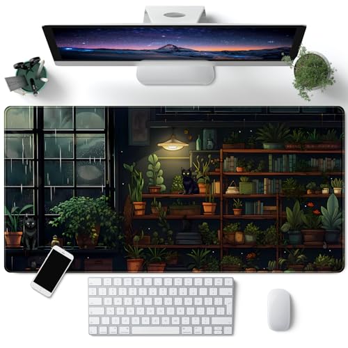 Lofi Schreibtischunterlage mit Katzenmotiv, dunkelgrün, Pflanzenbücher, Schreibtischunterlage, schwarze Katze, ästhetisch, Anime, großes Gaming-Mauspad, XL, cooles Tastatur-Pad, Deskmat, Laptop, Lofi Schreibtischunterlage mit Katzenmotiv, dunkelgrün, Pflanzenbücher, Schreibtischunterlage, schwarze Katze, ästhetisch, Anime, großes Gaming-Mauspad, XL, cooles Tastatur-Pad, Deskmat, Laptop, von CYZFF