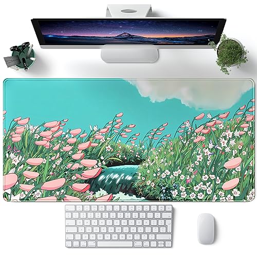 Niedliches Anime-Blumen-Schreibtischunterlage, Salbeigrün, großes Mauspad, XL, Gaming-Mauspad, Kawaii-Schreibtisch-Tastatur-Pad, Laptop, Computer, Mauspad, niedliche Schreibtischdekoration, von CYZFF