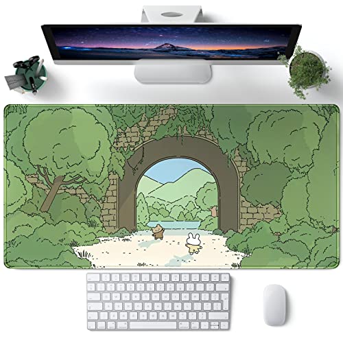 Süße Kawaii-Schreibtischunterlage, grünes Anime-Mauspad, XXL, erweitertes Gaming-Mauspad, Cartoon-Bär, Hase, Tastatur, Mauspad, 80x30 cm, rutschfeste Gummiunterseite mit genähten Kanten von CYZFF