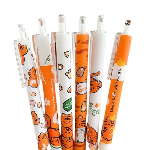 6 Stück Kawaii-Stift mit niedlichem Tiger bedruckt, 0,5 mm einziehbare Gel-Stifte, Kugelpunkt, ästhetisches Schulbedarf, Schreibwaren für den Schulanfang von CYee
