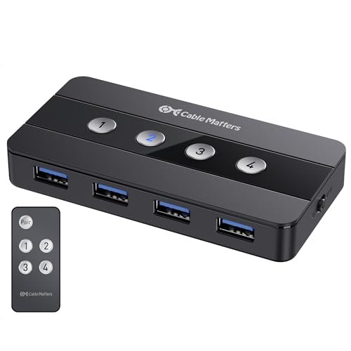 Cable Matters 4-Port USB 3.0 KVM Switch Hub (USB Switch 4 In 4 Out, KVM Switches) für 4 Computer - Umschalten per Tastendruck oder Fernbedienung - enthält USB C Adapter für USB-C und Thunderbolt 3 von Cable Matters