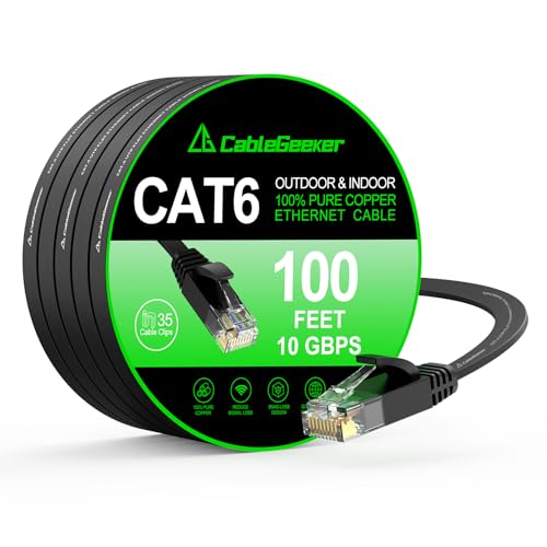 Cat-6-Ethernet-Kabel, 30,5 m (zu einem Cat5e-Preis aber höherer Bandbreite), flaches Internet-Netzwerkkabel, Patchkabel, kurz, schwarz, LAN-Kabel, kostenlose Kabelklammern und -binder von CableGeeker