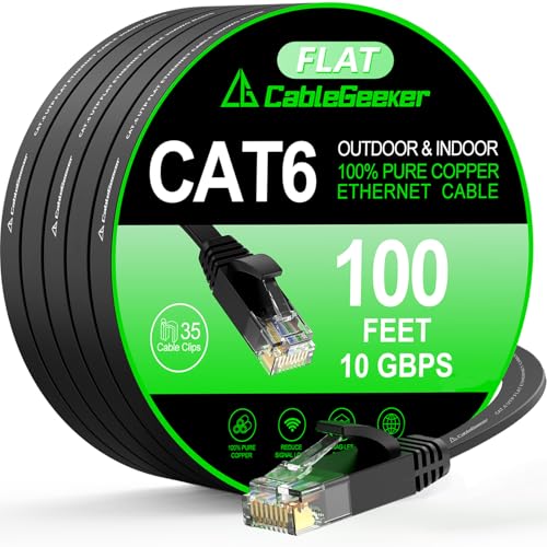 Cat-6-Ethernet-Kabel, 30,5 m (zu einem Cat5e-Preis aber höherer Bandbreite), flaches Internet-Netzwerkkabel, Patchkabel, kurz, schwarz, LAN-Kabel, kostenlose Kabelklammern und -binder von CableGeeker