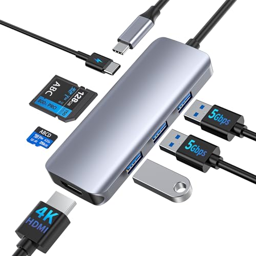 USB C Hub, 7-in-1HDMI USB C Adapter with 4K HDMI, 3 USB 3.0, 100W USB C Power Delivery, SD/TF Cards Reader for MacBook Pro/Air, iPad Pro, XPS and More Type C Laptops von CableGlaxay