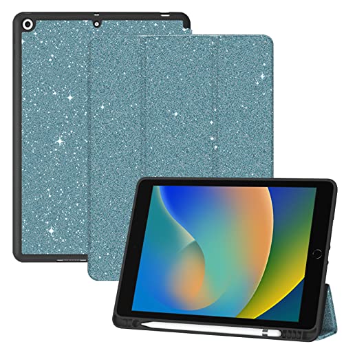 Cabreche Kompatibel mit iPad 10.2 Zoll Hülle, 9.,8.,7. Generation Hülle (2021/2020/2019) mit Stifthalter und weicher TPU-Rückseite, automatische Schlaf-/Wachabdeckung, blauer Glitzer, glänzend von Cabreche