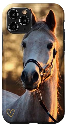 Hülle für iPhone 11 Pro Motiv Pferd weiß braun mit einem schönen goldenen Liebesherz von Cadeau Cheval Personnalisé Avec Coeur D'Amour Doré