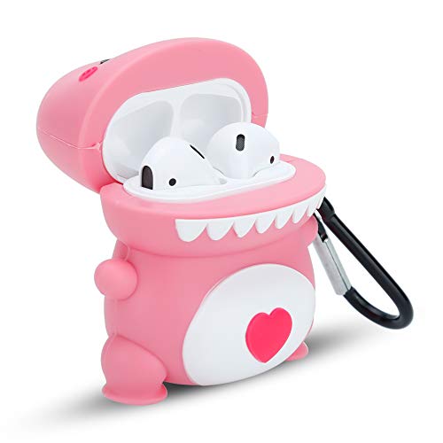 Cadorabo Hülle kompatibel mit Apple AirPod 1 & 2 - Design Love Diosaur Pink - Tragbare Silikon Kopfhörer Schutzhülle 3D Case Schlüsselanhänger von Cadorabo