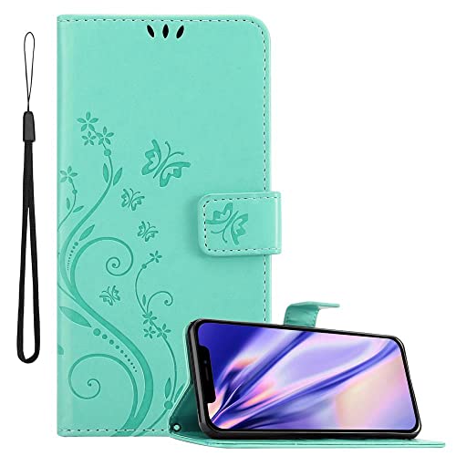 Cadorabo Hülle kompatibel mit Apple iPhone 12 Mini Blumen Design aus Kunst Leder Flip Klappbare Stoßfeste Magnetische [Standfunktion] [Kartenfächern] Cover Hülle für iPhone 12 Mini Tasche in Türkis von Cadorabo