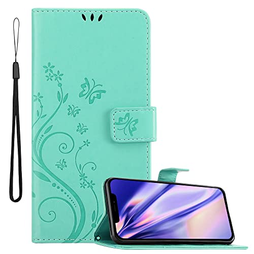 Cadorabo Hülle kompatibel mit Apple iPhone 13 Mini Blumen Design aus Kunst Leder Flip Klappbare Stoßfeste Magnetische [Standfunktion] [Kartenfächern] Cover Hülle für iPhone 13 Mini Tasche in Türkis von Cadorabo