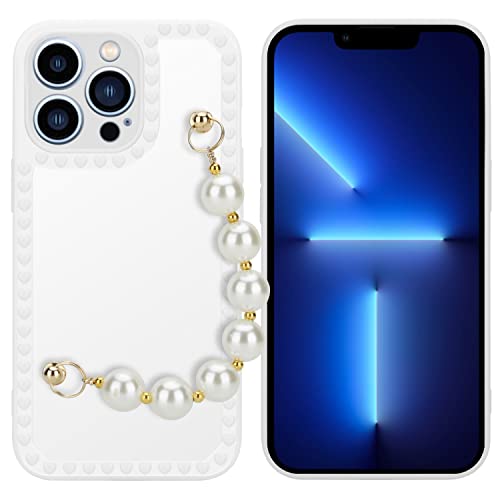 Cadorabo Hülle kompatibel mit Apple iPhone 13 PRO Schutzhülle TPU Silikon Case Handschlaufen Design mit Perlen Slim Kratzfest Weiche Gummi mit Rundumschutz Case Hülle für iPhone 13 PRO in Weiß von Cadorabo