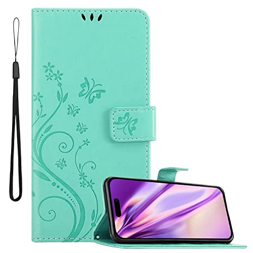 Cadorabo Hülle kompatibel mit Apple iPhone 14 PRO Blumen Design aus Kunst Leder Flip Klappbare Stoßfeste Magnetische [Standfunktion] [Kartenfächern] Cover Hülle für iPhone 14 PRO Tasche in Türkis von Cadorabo