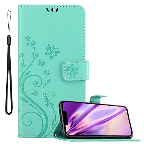 Cadorabo Hülle kompatibel mit Apple iPhone 14 Plus Blumen Design aus Kunst Leder Flip Klappbare Stoßfeste Magnetische [Standfunktion] [Kartenfächern] Cover Hülle für iPhone 14 Plus Tasche in Türkis von Cadorabo