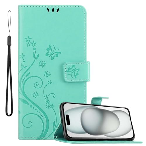 Cadorabo Hülle kompatibel mit Apple iPhone 15 Blumen Design aus Premium Kunst Leder Flip Klappbare Stoßfeste Magnetische [Standfunktion] [Kartenfächern] Cover Case für Apple iPhone 15 Tasche in Türkis von Cadorabo