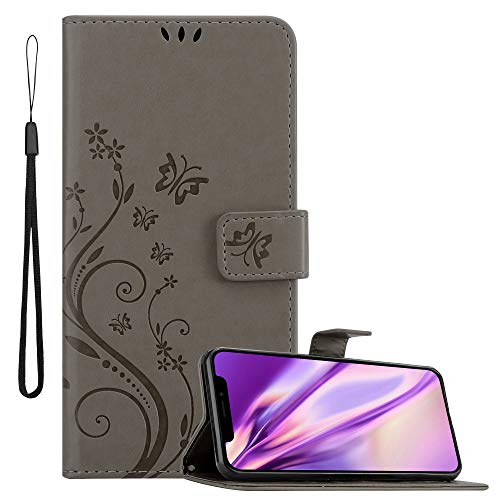Cadorabo Hülle kompatibel mit Apple iPhone XR Blumen Design aus Premium Kunst Leder Flip Klappbare Stoßfeste Magnetische [Standfunktion] [Kartenfächern] Cover Hülle für iPhone XR Tasche in Grau von Cadorabo