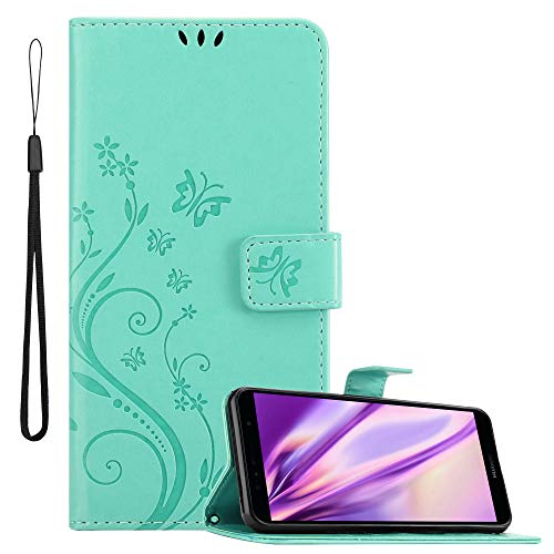 Cadorabo Hülle kompatibel mit Honor 7A / Huawei Y6 Prime 2018 Blumen Design aus Kunst Leder Flip Klappbare Magnetische [Kartenfächern] Cover Hülle für Honor 7A / Huawei Y6 Prime 2018 Tasche in Türkis von Cadorabo