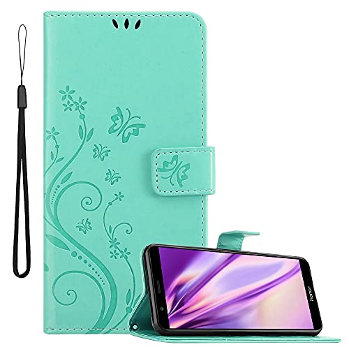 Cadorabo Hülle kompatibel mit Honor 7X Blumen Design aus Premium Kunst Leder Flip Klappbare Stoßfeste Magnetische [Standfunktion] [Kartenfächern] Cover Hülle für Honor 7X Tasche in Türkis von Cadorabo