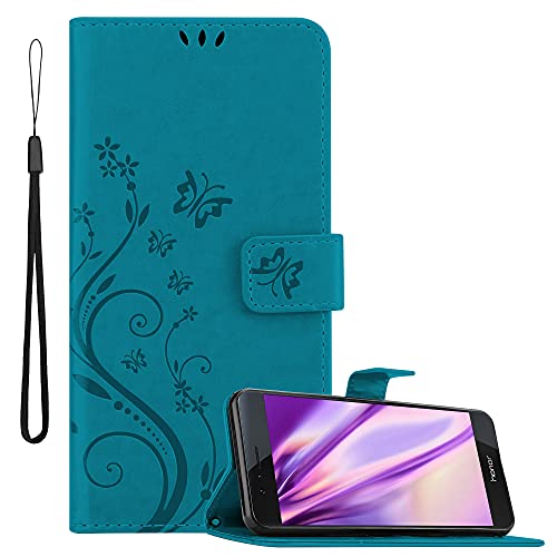 Cadorabo Hülle kompatibel mit Honor 8/8 Blumen Design aus Kunst Leder Flip Klappbare Stoßfeste Magnetische [Standfunktion] [Kartenfächern] Cover Hülle für Honor 8/8 Tasche in Blau von Cadorabo