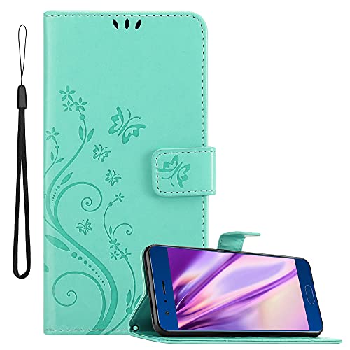 Cadorabo Hülle kompatibel mit Honor 9 Blumen Design aus Premium Kunst Leder Flip Klappbare Stoßfeste Magnetische [Standfunktion] [Kartenfächern] Cover Hülle für Honor 9 Tasche in Türkis von Cadorabo