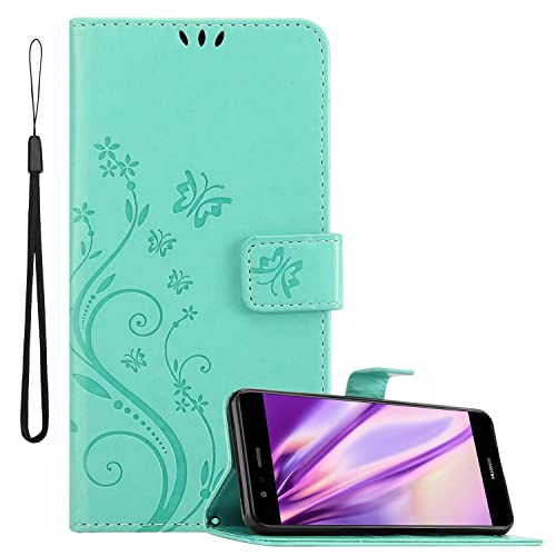 Cadorabo Hülle kompatibel mit Huawei P10 LITE Blumen Design aus Kunst Leder Flip Klappbare Stoßfeste Magnetische [Standfunktion] [Kartenfächern] Cover Hülle für Huawei P10 LITE Tasche in Türkis von Cadorabo