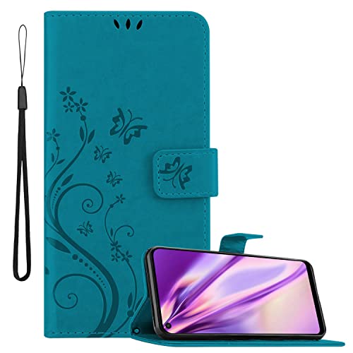 Cadorabo Hülle kompatibel mit Huawei P40 LITE E Blumen Design aus Kunst Leder Flip Klappbare Stoßfeste Magnetische [Standfunktion] [Kartenfächern] Cover Hülle für Huawei P40 LITE E Tasche in Blau von Cadorabo