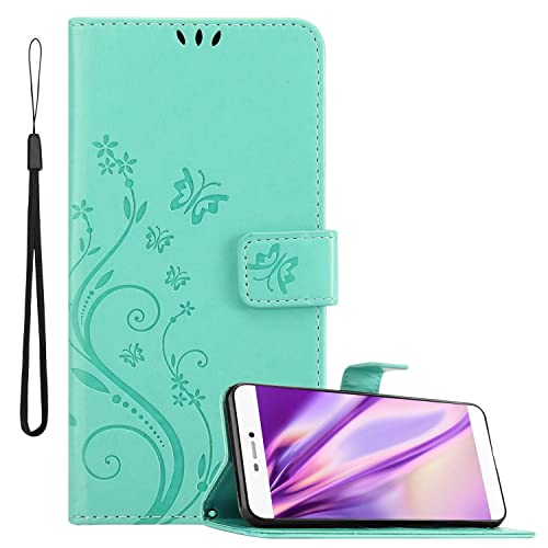 Cadorabo Hülle kompatibel mit Huawei P8 Blumen Design aus Premium Kunst Leder Flip Klappbare Stoßfeste Magnetische [Standfunktion] [Kartenfächern] Cover Hülle für Huawei P8 Tasche in Türkis von Cadorabo