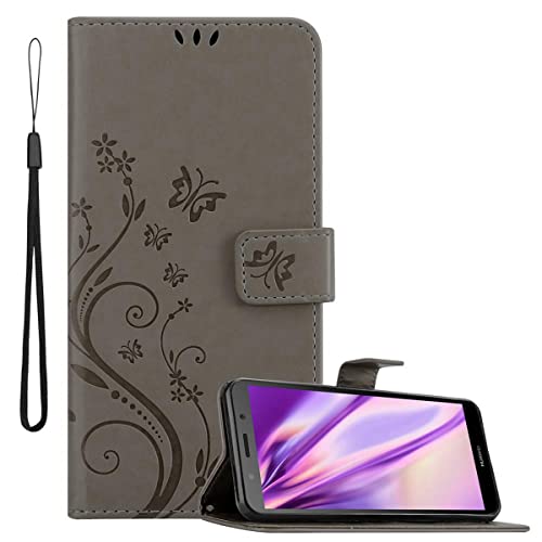 Cadorabo Hülle kompatibel mit Huawei Y5 Prime 2018 / Y5 2018 Blumen Design aus Kunst Leder Flip Klappbare Magnetische [Kartenfächern] Cover Hülle für Huawei Y5 Prime 2018 / Y5 2018 Tasche in Grau von Cadorabo