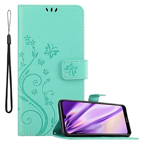 Cadorabo Hülle kompatibel mit Huawei Y6 2019 Blumen Design aus Premium Kunst Leder Flip Klappbare Stoßfeste Magnetische [Standfunktion] [Kartenfächern] Cover Hülle für Huawei Y6 2019 Tasche in Türkis von Cadorabo