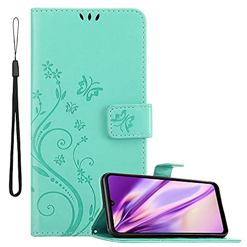 Cadorabo Hülle kompatibel mit Huawei Y6P Blumen Design aus Premium Kunst Leder Flip Klappbare Stoßfeste Magnetische [Standfunktion] [Kartenfächern] Cover Hülle für Huawei Y6P Tasche in Türkis von Cadorabo