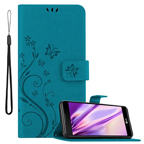 Cadorabo Hülle kompatibel mit LG X Power Blumen Design aus Premium Kunst Leder Flip Klappbare Stoßfeste Magnetische [Standfunktion] [Kartenfächern] Cover Hülle für LG X Power Tasche in Blau von Cadorabo