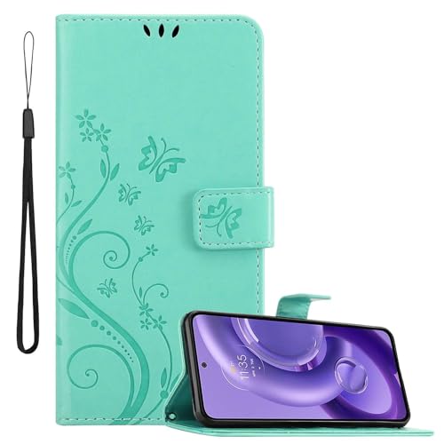 Cadorabo Hülle kompatibel mit Motorola Edge 30 NEO Blumen Design aus Premium Kunst Leder Flip Klappbare Stoßfeste Magnetische [Standfunktion] [Kartenfächern] Cover Case Tasche in Türkis von Cadorabo