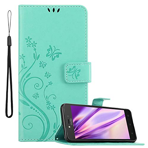 Cadorabo Hülle kompatibel mit Motorola Moto C Plus Blumen Design aus Kunst Leder Flip Klappbare Magnetische [Standfunktion] [Kartenfächern] Cover Hülle für Motorola Moto C Plus Tasche in Türkis von Cadorabo