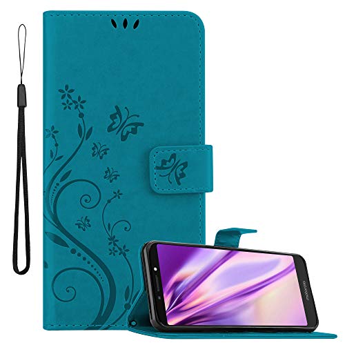 Cadorabo Hülle kompatibel mit Motorola Moto E5 Plus Blumen Design aus Kunst Leder Flip Klappbare Magnetische [Standfunktion] [Kartenfächern] Cover Hülle für Motorola Moto E5 Plus Tasche in Blau von Cadorabo