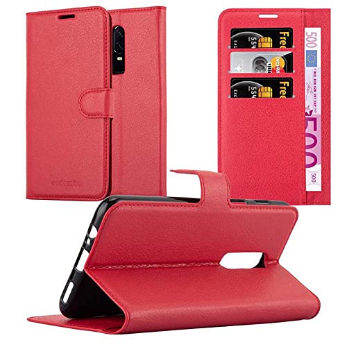 Cadorabo Hülle kompatibel mit OnePlus 6 Handyhülle aus Premium Kunst Leder Flip Klappbare Stoßfeste Magnetische [Standfunktion] [Kartenfächern] Cover Hülle für OnePlus 6 Tasche in Rot von Cadorabo