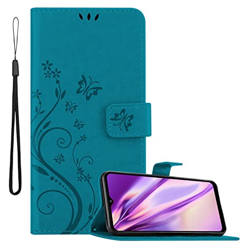 Cadorabo Hülle kompatibel mit Samsung Galaxy A32 5G Blumen Design aus Kunst Leder Flip Klappbare Stoßfeste Magnetische [Standfunktion] [Kartenfächern] Cover Hülle für Galaxy A32 5G Tasche in Blau von Cadorabo