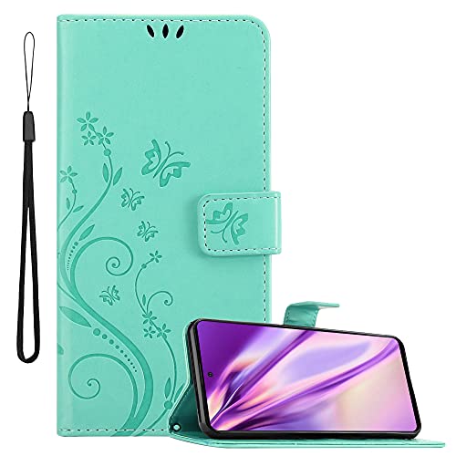 Cadorabo Hülle kompatibel mit Samsung Galaxy A51 5G Blumen Design aus Kunst Leder Flip Klappbare Stoßfeste Magnetische [Standfunktion] [Kartenfächern] Cover Hülle für Galaxy A51 5G Tasche in Türkis von Cadorabo