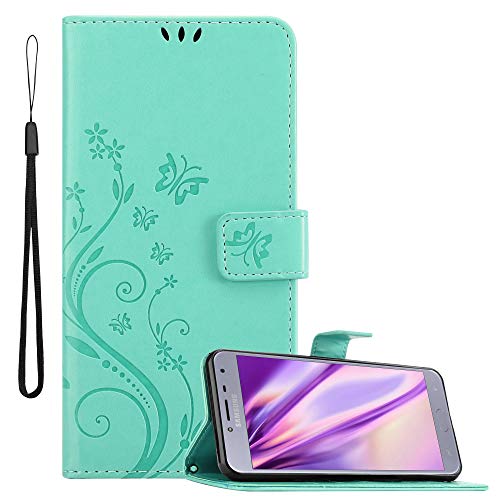 Cadorabo Hülle kompatibel mit Samsung Galaxy J4 2018 Blumen Design aus Kunst Leder Flip Klappbare Stoßfeste Magnetische [Standfunktion] [Kartenfächern] Cover Hülle für Galaxy J4 2018 Tasche in Türkis von Cadorabo