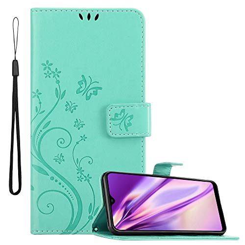 Cadorabo Hülle kompatibel mit Samsung Galaxy M20 Blumen Design aus Premium Kunst Leder Flip Klappbare Stoßfeste Magnetische [Standfunktion] [Kartenfächern] Cover Hülle für Galaxy M20 Tasche in Türkis von Cadorabo