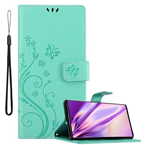 Cadorabo Hülle kompatibel mit Samsung Galaxy Note 10 Blumen Design aus Kunst Leder Flip Klappbare Stoßfeste Magnetische [Standfunktion] [Kartenfächern] Cover Hülle für Galaxy Note 10 Tasche in Türkis von Cadorabo