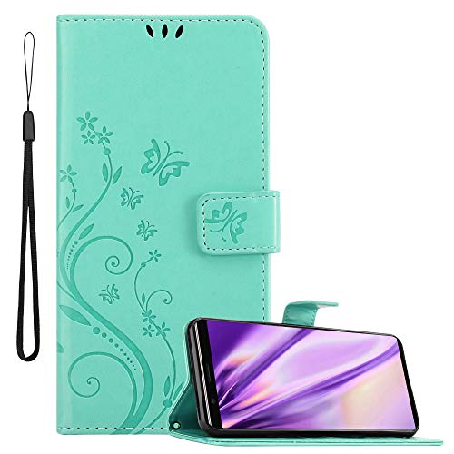 Cadorabo Hülle kompatibel mit Sony Xperia 5 Blumen Design aus Premium Kunst Leder Flip Klappbare Stoßfeste Magnetische [Standfunktion] [Kartenfächern] Cover Hülle für Sony Xperia 5 Tasche in Türkis von Cadorabo