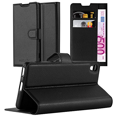 Cadorabo Hülle kompatibel mit Sony Xperia XA Handyhülle aus Premium Kunst Leder Flip Klappbare Stoßfeste Magnetische [Standfunktion] [Kartenfächern] Cover Hülle für Sony Xperia XA Tasche in Schwarz von Cadorabo